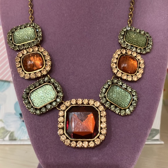 Vintage Antique Gold Statement Necklace with Amber & Green Square Glass Stones - Picture 2 of 4